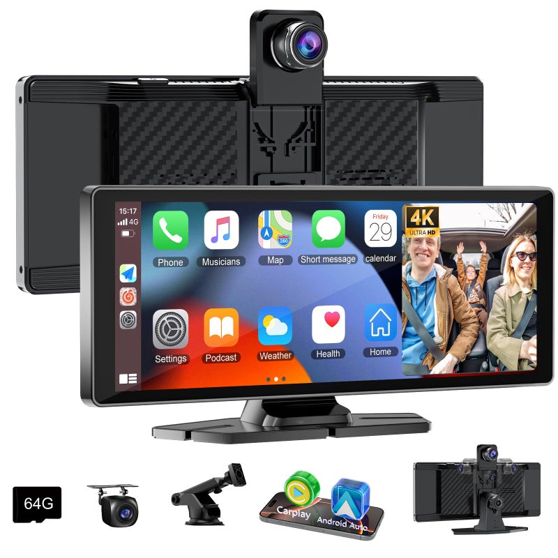 Accfly Carplay Screen for Car1026 HD Car Stereo for Apple Carplay Android Auto with Rotatable 4K Dash Cam HD Backup Camera Dual FrontInside Recording GPS Navigator for CarsTrucks - Image 2