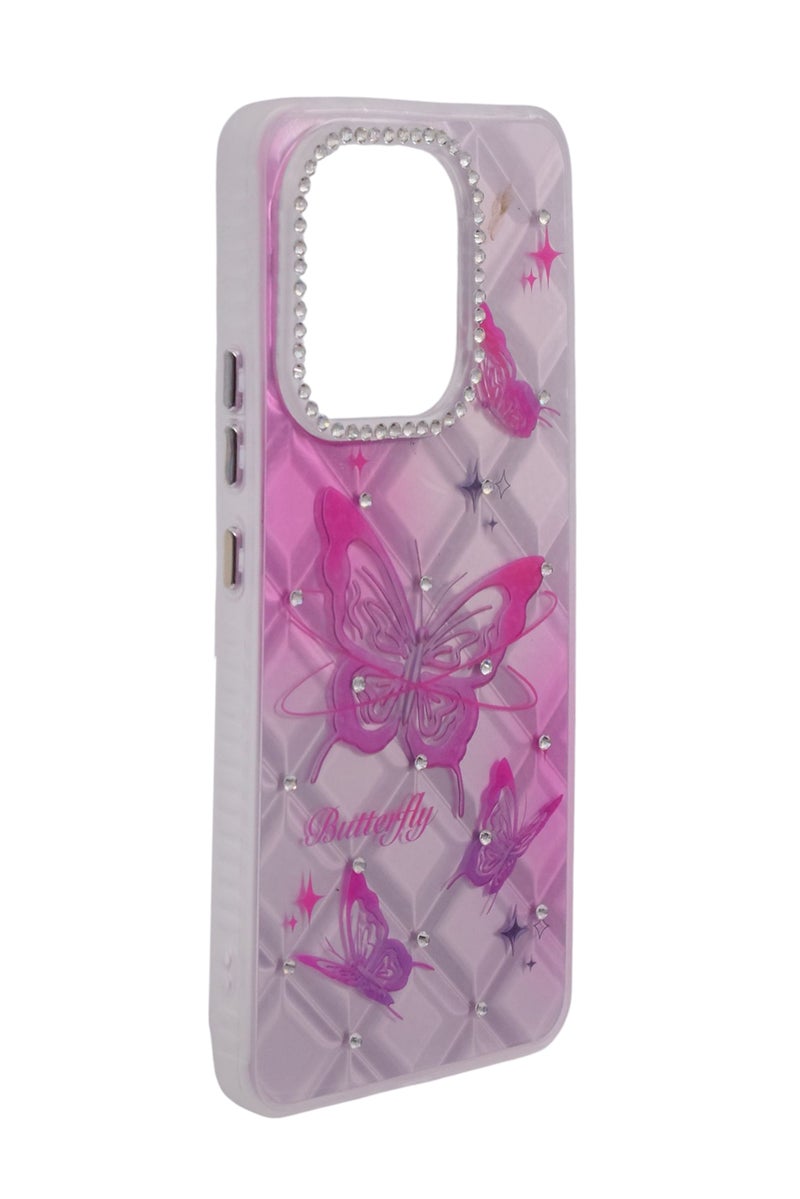 CFS TPU Butterflies Printed Back Cover Case with Rhinestone Camera Border For Xiaomi Redmi Note 13 4G - Pink Transparent - Image 2