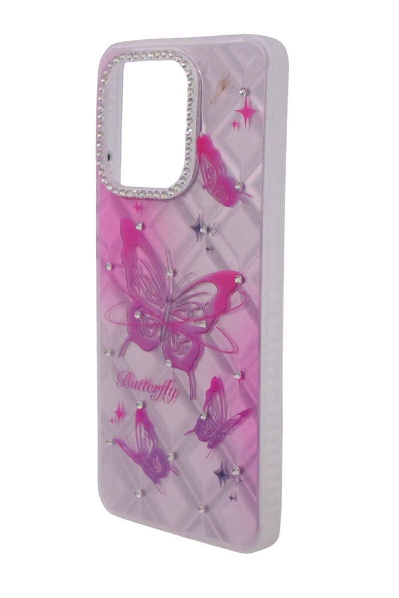 CFS TPU Butterflies Printed Back Cover Case with Rhinestone Camera Border For Xiaomi Redmi Note 13 4G - Pink Transparent - Image 3