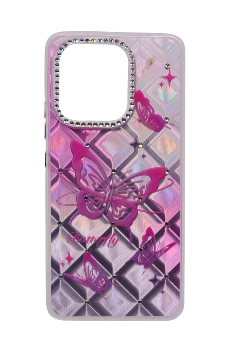CFS TPU Butterflies Printed Back Cover Case with Rhinestone Camera Border For Xiaomi Redmi Note 13 4G - Pink Transparent - Image 1