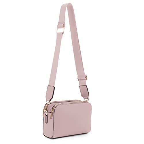 EVVE Triple Zip Small Crossbody Camera Bag with Wide Guitar Strap | Mauve - Image 1