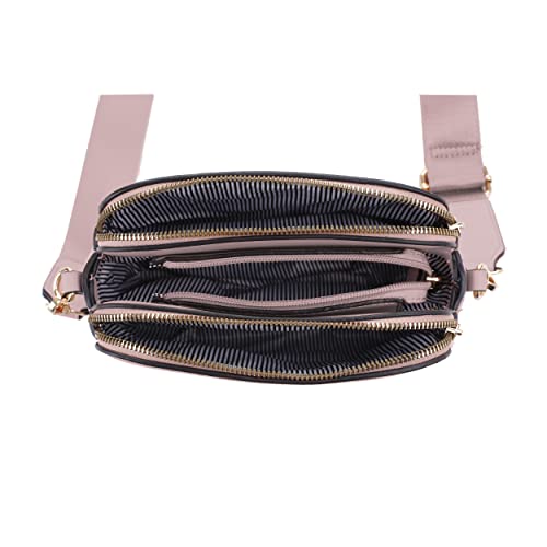 EVVE Triple Zip Small Crossbody Camera Bag with Wide Guitar Strap | Mauve - Image 5