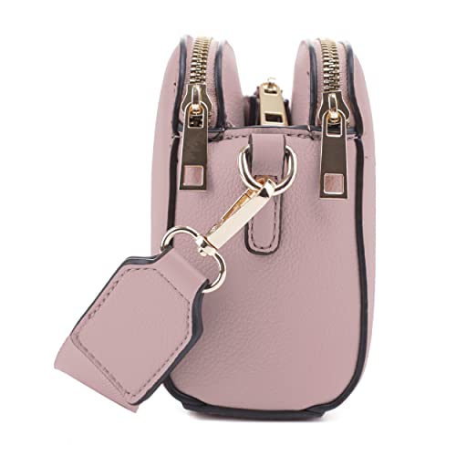 EVVE Triple Zip Small Crossbody Camera Bag with Wide Guitar Strap | Mauve - Image 3