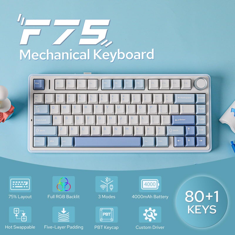 EPOMAKER x AULA F75 Gasket Mechanical Keyboard, 75% Wireless Hot Swappable Gaming Keyboard with Five-Layer Padding&Knob, Bluetooth/2.4GHz/USB-C, RGB (Sea Salt Blue, LEOBOG Reaper Switch) - Image 2