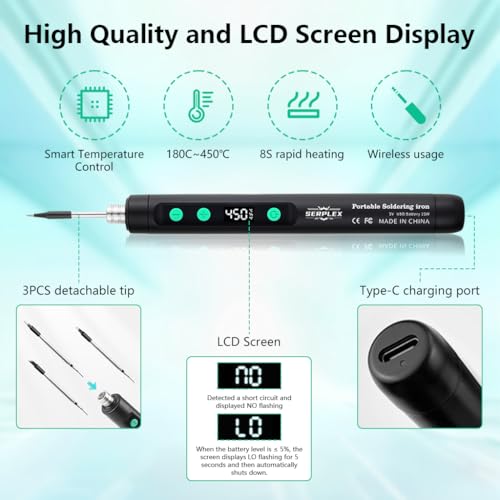 Serplex® 15W Handheld Soldering Iron Tool Kit with 3 Bits and Storage Box, USB Cordless Rechargeable Soldering Iron Pen 180-450°C Adjustable Welding Tool Kit for Electronics Repair Work - Black - Image 2
