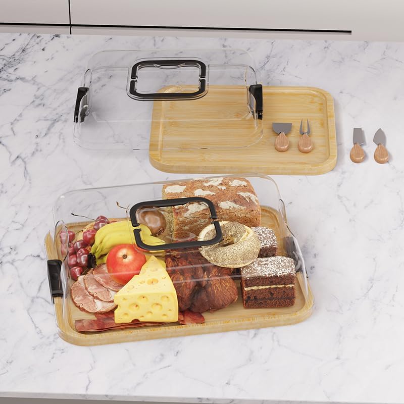 JEPISADI 13.4"x9.5" Portable Cheese Board with Standard Clear Lid - Bamboo Charcuterie Container for Office, School, Travel - Carrying Handle & Locking Clasps - Image 3