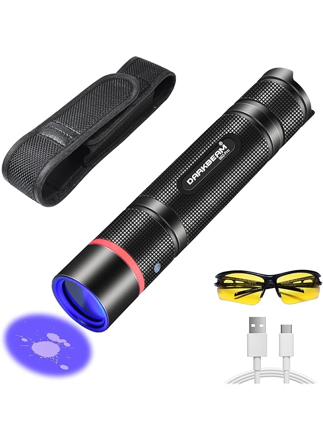 PROMASS UV Flashlight 365nm Black Light, Powerful Mini Rechargeable LED Ultraviolet Flashlight with UV Protective Glasses – Ideal for Pet Urine Detection, Resin Curing, Mineral Glowing, and AC Leak Detection
