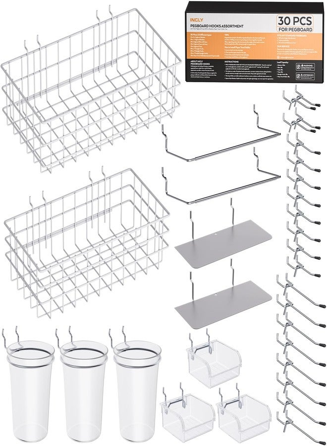 INCLY 30PCS Peg Board Organizer Accessories Kit, Pegboard Hooks Assortment with Bins, Cups, Wire Baskets and Paper Towel Holder for 1/8“ and 1/4” Pegboard Garage Workbench Craft Room Organizing Tools - Image 1