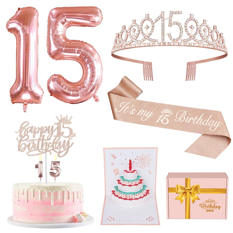 YeohJoy 15th Birthday Decorations for Girls with 15th Birthday Crown and Sash, Cake Topper and Candles, Number Balloons, 3D Pop Up Greeting Card, 15 Year Old Gifts for Girls - Image 1