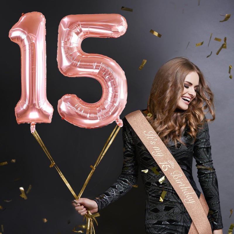 YeohJoy 15th Birthday Decorations for Girls with 15th Birthday Crown and Sash, Cake Topper and Candles, Number Balloons, 3D Pop Up Greeting Card, 15 Year Old Gifts for Girls - Image 3