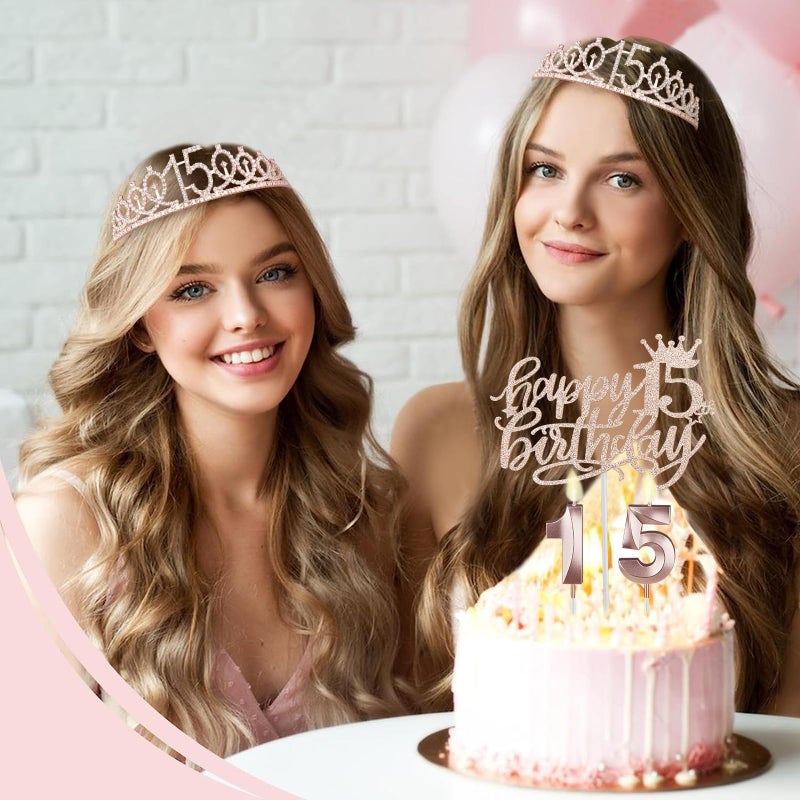 YeohJoy 15th Birthday Decorations for Girls with 15th Birthday Crown and Sash, Cake Topper and Candles, Number Balloons, 3D Pop Up Greeting Card, 15 Year Old Gifts for Girls - Image 2