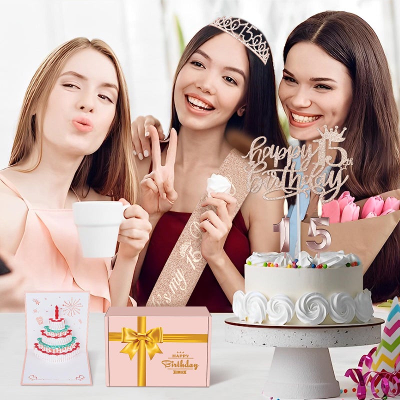 YeohJoy 15th Birthday Decorations for Girls with 15th Birthday Crown and Sash, Cake Topper and Candles, Number Balloons, 3D Pop Up Greeting Card, 15 Year Old Gifts for Girls - Image 4