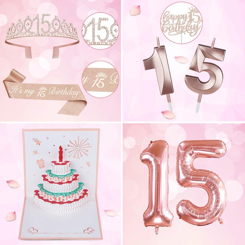 YeohJoy 15th Birthday Decorations for Girls with 15th Birthday Crown and Sash, Cake Topper and Candles, Number Balloons, 3D Pop Up Greeting Card, 15 Year Old Gifts for Girls - Image 5