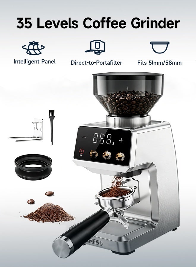 CAFELFFE Stainless Steel Coffee Grinder – 51mm/58mm Bracket, V60 Conical Burr, 35 Adjustable Settings, 250g Capacity, Touchscreen，Anti-Static – For Espresso, Cold Brew & Pour Over - Image 1