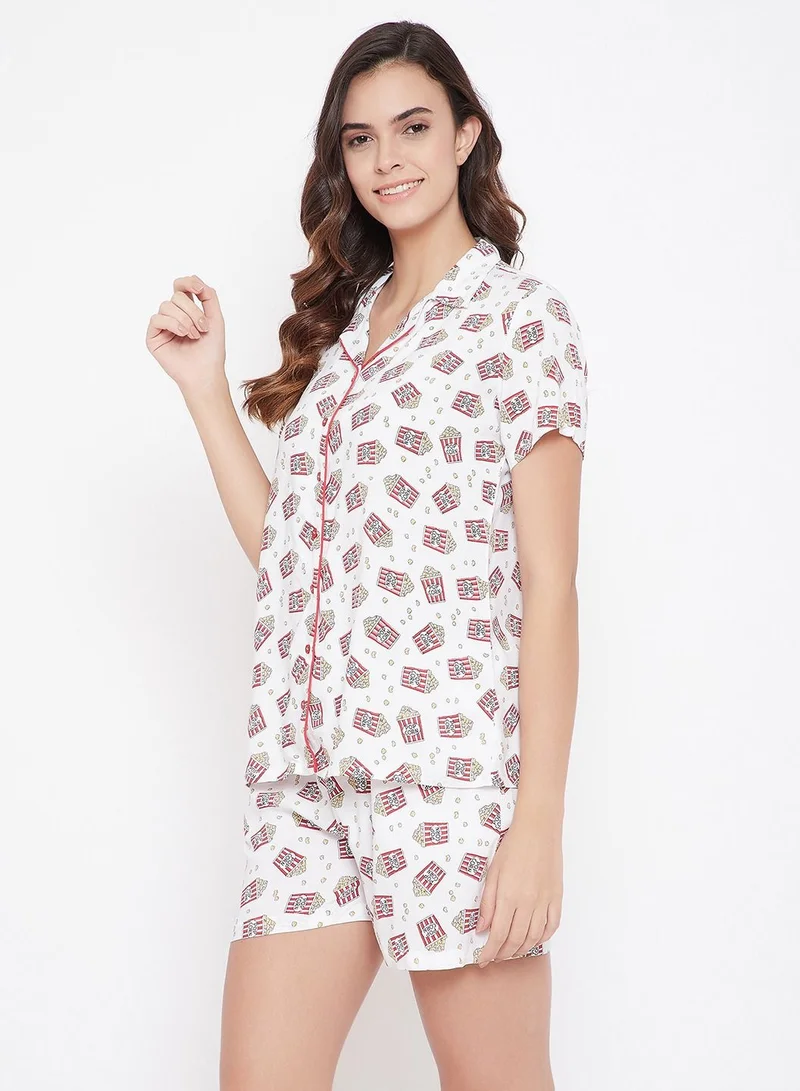 Clovia  Clovia Popcorn Print Button Down Shirt And Shorts In White - Cotton Rich  | Best Price UAE