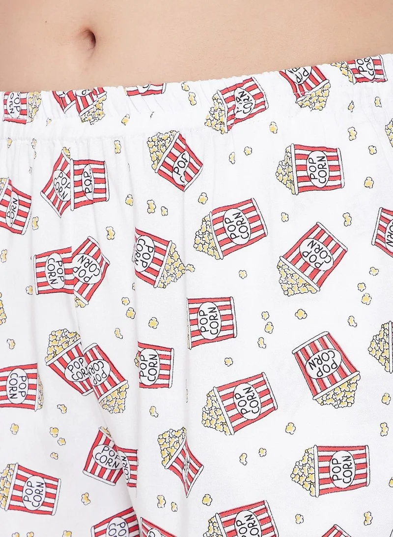 Clovia  Clovia Popcorn Print Button Down Shirt And Shorts In White - Cotton Rich  | Best Price UAE
