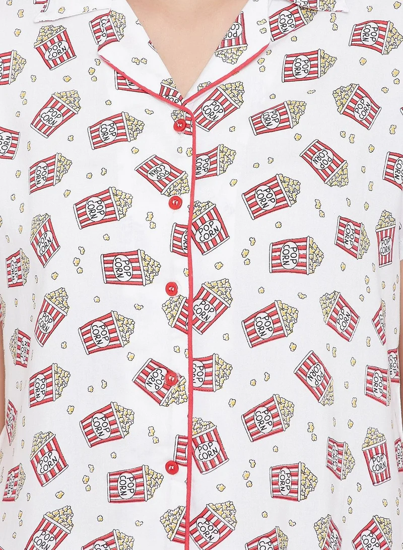 Clovia  Clovia Popcorn Print Button Down Shirt And Shorts In White - Cotton Rich  | Best Price UAE