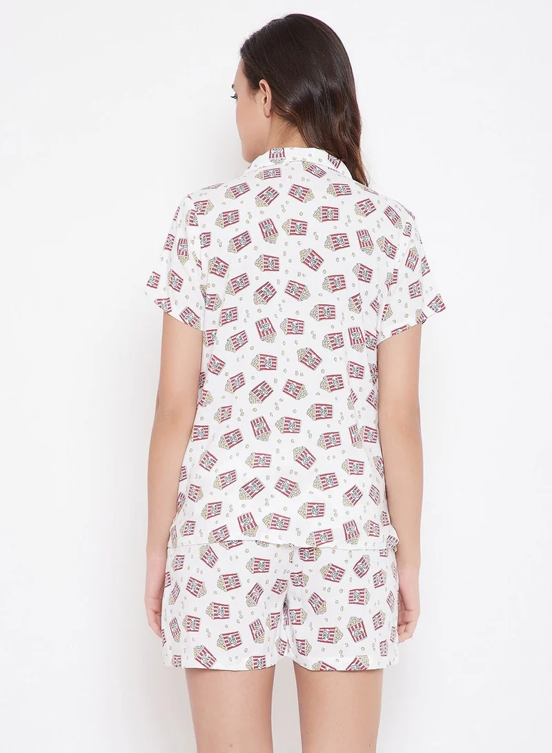 Clovia  Clovia Popcorn Print Button Down Shirt And Shorts In White - Cotton Rich  | Best Price UAE