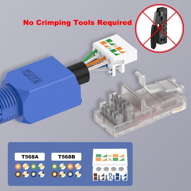 VCELINK RJ45 Connector Tool-Free, CAT6 Field Termination Plug, Gold Plated Modular Plug, UTP CAT6 Connector Toolless for 23 to 26 AWG Network Cable, 6 Pack, Blue - Image 2