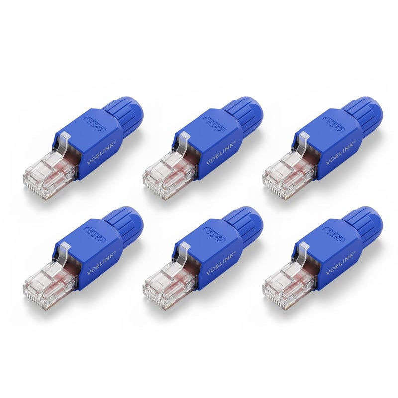 VCELINK RJ45 Connector Tool-Free, CAT6 Field Termination Plug, Gold Plated Modular Plug, UTP CAT6 Connector Toolless for 23 to 26 AWG Network Cable, 6 Pack, Blue - Image 1