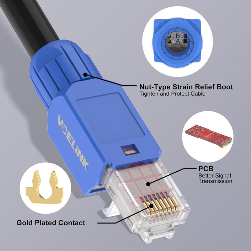 VCELINK RJ45 Connector Tool-Free, CAT6 Field Termination Plug, Gold Plated Modular Plug, UTP CAT6 Connector Toolless for 23 to 26 AWG Network Cable, 6 Pack, Blue - Image 4