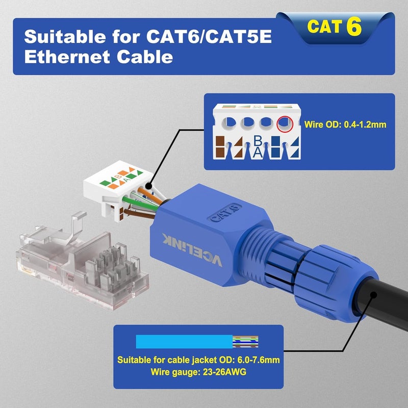 VCELINK RJ45 Connector Tool-Free, CAT6 Field Termination Plug, Gold Plated Modular Plug, UTP CAT6 Connector Toolless for 23 to 26 AWG Network Cable, 6 Pack, Blue - Image 5