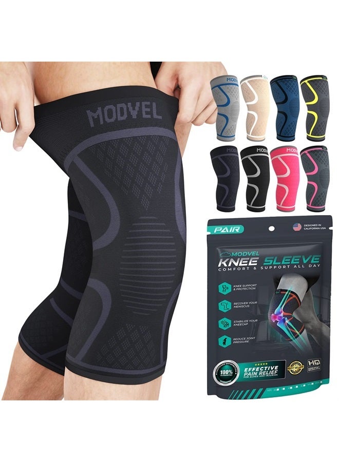 Modvel 2 Pack Knee Brace Compression Sleeve for Men & Women | Knee Support for Running | Medical Grade Knee Pads for Meniscus Tear, ACL, Arthritis, Joint Pain Relief. (M) - Image 1