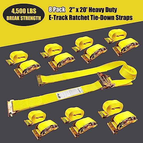 KJE 8 Pack E-Track Ratchet Straps, Heavy Duty 2" x20' Cargo Tie-Downs, 4500LBS Breaking Strength, Standard E Track Fitting Tie Down Ratcheting Strap for Cargo Vans, Trucks, Trailers - Image 2