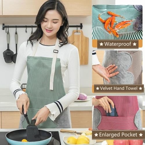 Leeonz® Strip Aprons for Women and Men with Pocket, Waterproof Aprons for Cooking Housework Chef Kitchen Apron with Wipe Hands Pocket Design for Cooking, Baking, Grilling, Painting, Clearance (Green) - Image 2