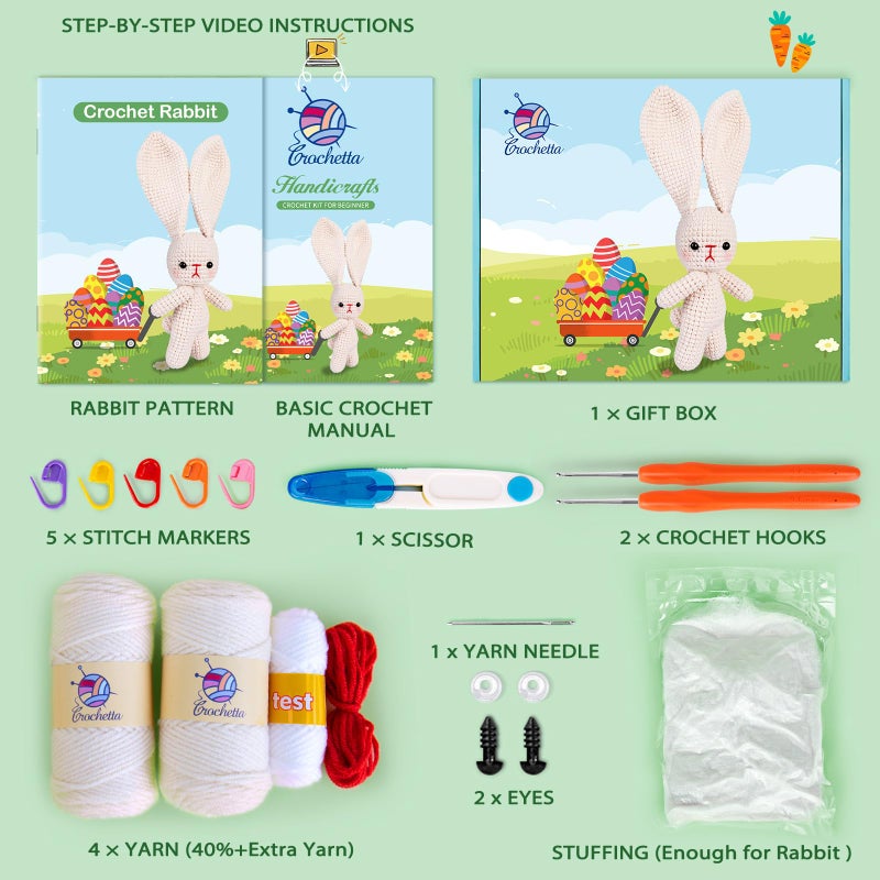 Crochetta Crochet Kit for Beginners, Crochet Starter Kit w Step-by-Step Video Tutorials, Beginner Crochet Kit Knitting Supplies for Adults Kids, Crochet Bunny(40%+ Yarn) - Image 2
