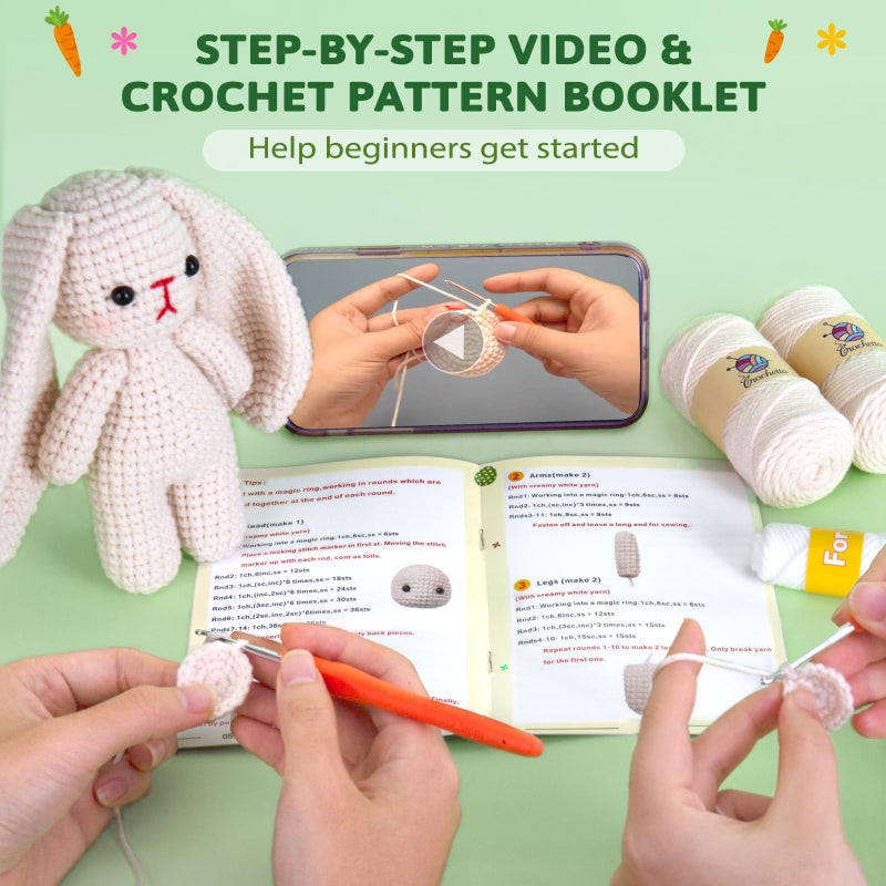 Crochetta Crochet Kit for Beginners, Crochet Starter Kit w Step-by-Step Video Tutorials, Beginner Crochet Kit Knitting Supplies for Adults Kids, Crochet Bunny(40%+ Yarn) - Image 3