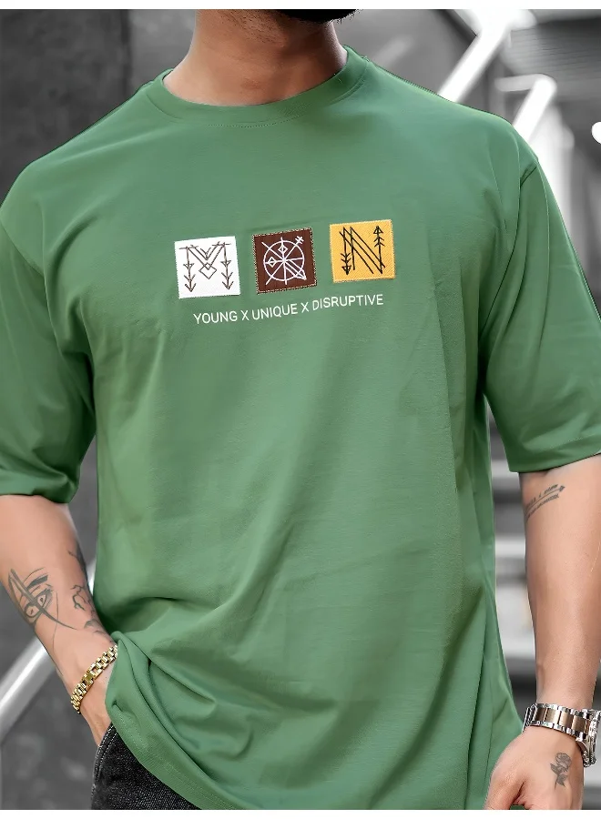 Maniac Mens Printed Round Neck 3/4th Sleeve Hunter Green Cotton T-Shirt