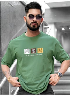 Maniac Mens Printed Round Neck 3/4th Sleeve Hunter Green Cotton T-Shirt  - Image 3