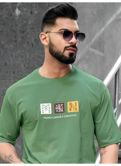 Maniac Mens Printed Round Neck 3/4th Sleeve Hunter Green Cotton T-Shirt  - Image 1