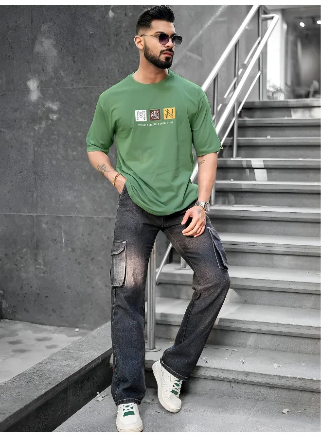 Maniac Mens Printed Round Neck 3/4th Sleeve Hunter Green Cotton T-Shirt