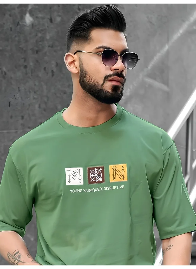 مانياك Mens Printed Round Neck 3/4th Sleeve Hunter Green Cotton T-Shirt