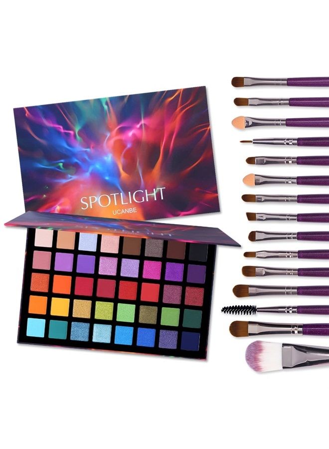 Ucanbe Spotlight Eyeshadow Palette + 15 PCS Eye Brushes Makeup Set, Professional 40 Color Matte Shimmer Glitter Eye Shadow Pallet Highly Pigmented Waterproof Long Lasting Make up Pallete - Image 1