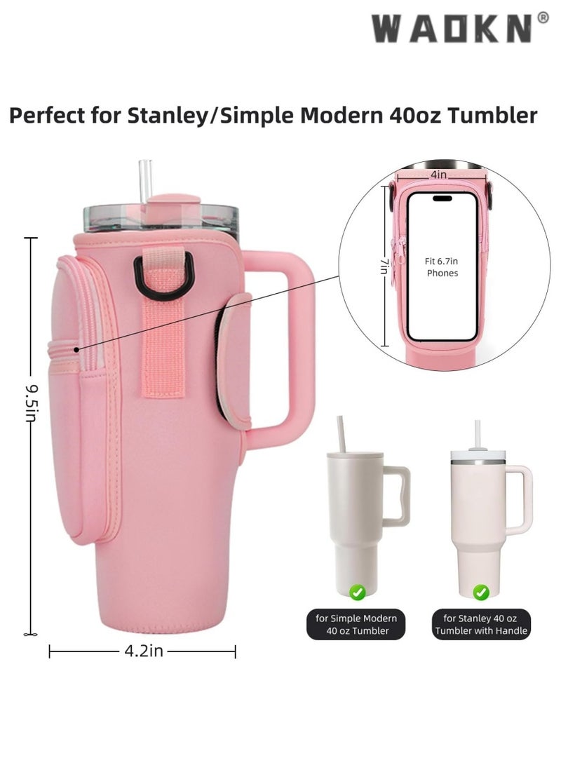 WAOKN Water Bottle Carrier Bag for Stanley 40 oz with Phone Pocket Water Bottle Holder with Handle，Cell Phone Pocket and Adjustable Shoulder Strap Tumbler Accessories for Stanley (Pink)  - Image 2