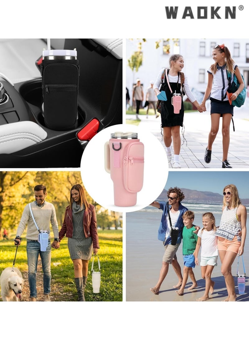 WAOKN Water Bottle Carrier Bag for Stanley 40 oz with Phone Pocket Water Bottle Holder with Handle，Cell Phone Pocket and Adjustable Shoulder Strap Tumbler Accessories for Stanley (Pink)  - Image 5