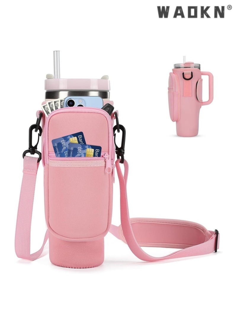 WAOKN Water Bottle Carrier Bag for Stanley 40 oz with Phone Pocket Water Bottle Holder with Handle，Cell Phone Pocket and Adjustable Shoulder Strap Tumbler Accessories for Stanley (Pink)  - Image 1
