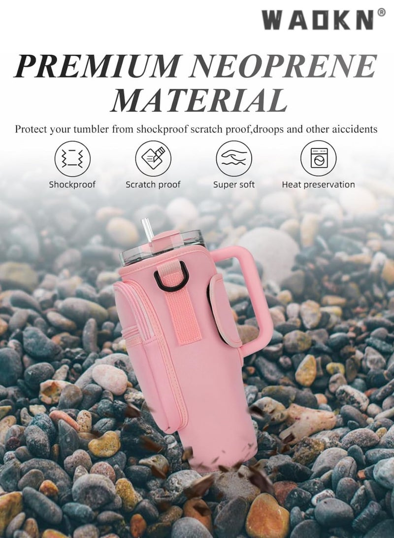 WAOKN Water Bottle Carrier Bag for Stanley 40 oz with Phone Pocket Water Bottle Holder with Handle，Cell Phone Pocket and Adjustable Shoulder Strap Tumbler Accessories for Stanley (Pink)  - Image 4