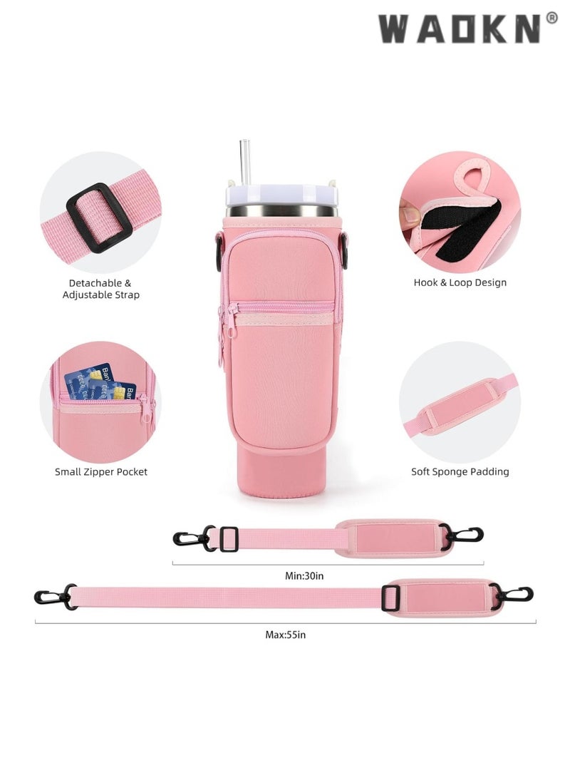 WAOKN Water Bottle Carrier Bag for Stanley 40 oz with Phone Pocket Water Bottle Holder with Handle，Cell Phone Pocket and Adjustable Shoulder Strap Tumbler Accessories for Stanley (Pink)  - Image 3
