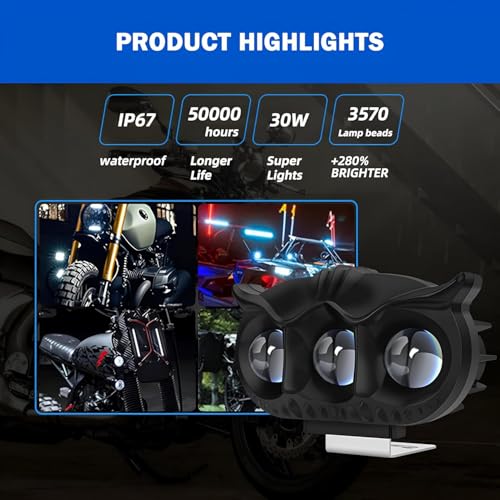 Pivalo HJG 30W 3 Lens Metal Body Fog Light Owl Shape 80V DC Input Power Waterproof Mini Driving Lamp with Handlebar Switch Universal for All Motorcycles Bikes and Cars (Pack of 2, White) - Image 2