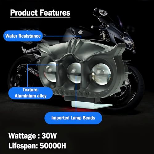Pivalo HJG 30W 3 Lens Metal Body Fog Light Owl Shape 80V DC Input Power Waterproof Mini Driving Lamp with Handlebar Switch Universal for All Motorcycles Bikes and Cars (Pack of 2, White) - Image 5