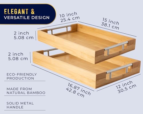 Comfify Decorative Bamboo Serving Trays with Silver Stainless Steel Handles – 2-Piece Set for Coffee Table, Ottoman, Breakfast in Bed, Jewelry & Decor Organization – 12"x17" – Pure Bamboo Finish - Image 3