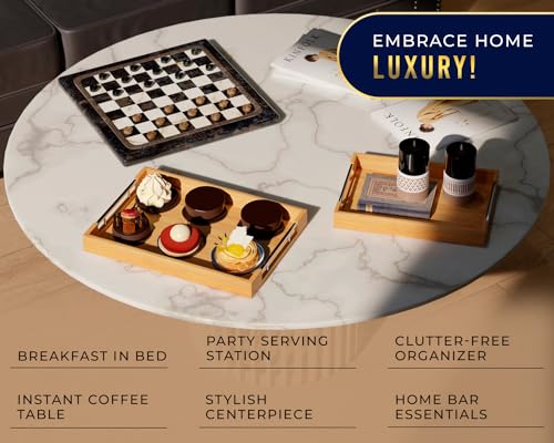 Comfify Decorative Bamboo Serving Trays with Silver Stainless Steel Handles – 2-Piece Set for Coffee Table, Ottoman, Breakfast in Bed, Jewelry & Decor Organization – 12"x17" – Pure Bamboo Finish - Image 2