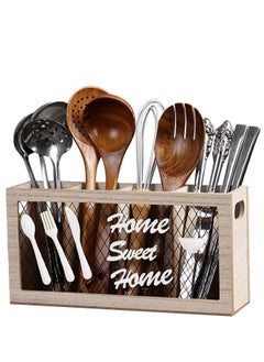 Excefore Wooden Silverware Holder, 4 Compartments Kitchen Utensil Holder for Countertop,Rustic Spoon Holder Kitchen Tools Storage Caddy Decoroon Holder Kitchen Tools Storage Caddy Decor  - Image 1
