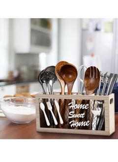 Excefore Wooden Silverware Holder, 4 Compartments Kitchen Utensil Holder for Countertop,Rustic Spoon Holder Kitchen Tools Storage Caddy Decoroon Holder Kitchen Tools Storage Caddy Decor  - Image 3