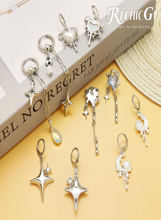 RechicGu 5 Pairs Y2K Moonstone Spike Star Hoop Earrings Set for Women Grunge Emo Goth Earrings Heart Teardrop Chain Dangle Earring Y2K Accessories for Gothic Punk Outfits Christmas Jewelry Gift, Zinc - Image 3