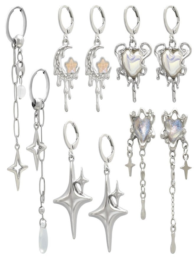RechicGu 5 Pairs Y2K Moonstone Spike Star Hoop Earrings Set for Women Grunge Emo Goth Earrings Heart Teardrop Chain Dangle Earring Y2K Accessories for Gothic Punk Outfits Christmas Jewelry Gift, Zinc - Image 1